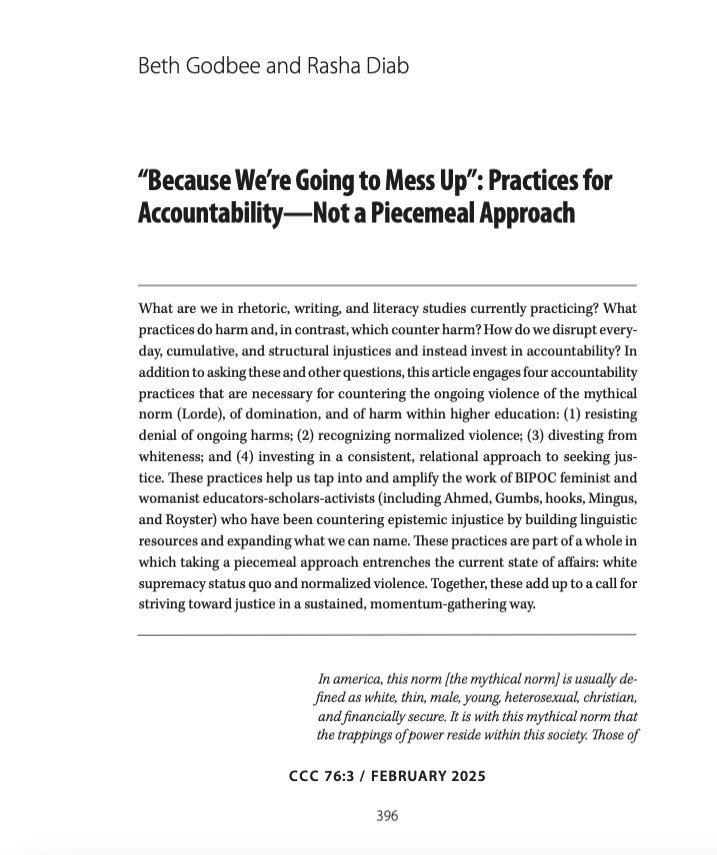 The first page of '"Because We're Going to Mess Up": Practices for Accountability-- Not a Piecemeal Approach.' Above the bolded title are the names of the authors, Beth Godbee and Rasha Diab. The article begins, "What are we in rhetoric, writing, and literacy..."